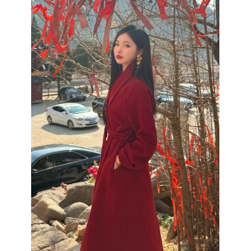 新年聖誕紅色雙面羊絨呢大衣女2025秋冬新款高級感加厚羊毛呢外套