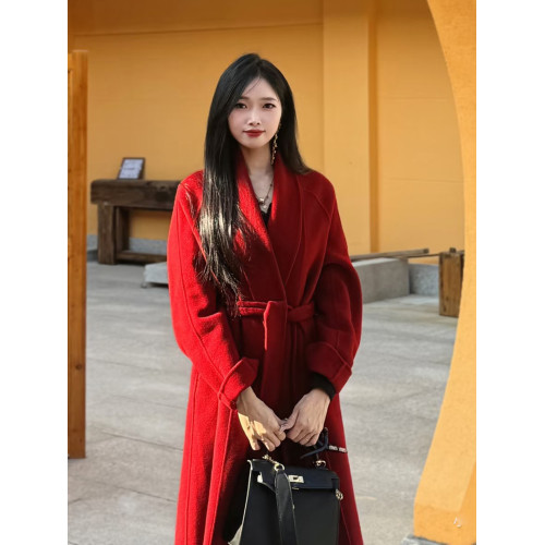 新年聖誕紅色雙面羊絨呢大衣女2025秋冬新款高級感加厚羊毛呢外套