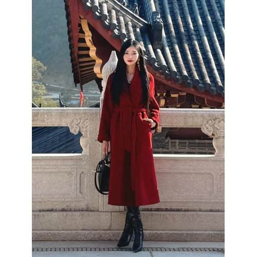 新年聖誕紅色雙面羊絨呢大衣女2025秋冬新款高級感加厚羊毛呢外套