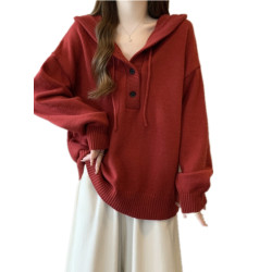 新年聖誕紅色加厚慵懶風連帽針織毛衣女大碼寬松顯瘦衛衣上衣外套