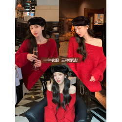 陳大鈺一字肩聖誕紅色毛衣女加厚秋冬寬松慵懶露肩設計氛圍感上衣