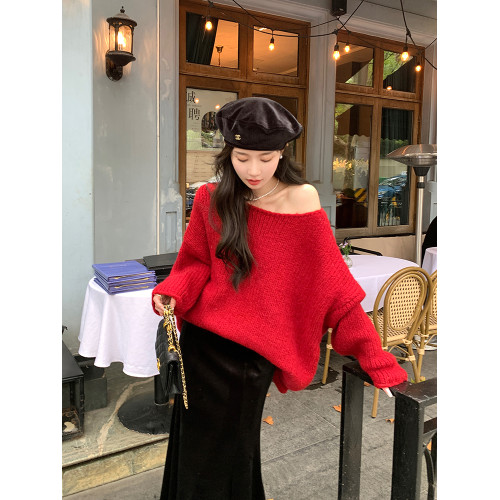 陳大鈺一字肩聖誕紅色毛衣女加厚秋冬寬松慵懶露肩設計氛圍感上衣 陳大鈺一字肩聖誕紅色毛衣女加厚秋冬寬松慵懶露肩設計氛圍感上衣