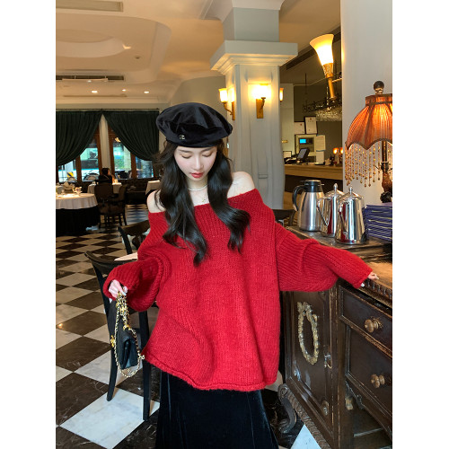 陳大鈺一字肩聖誕紅色毛衣女加厚秋冬寬松慵懶露肩設計氛圍感上衣 陳大鈺一字肩聖誕紅色毛衣女加厚秋冬寬松慵懶露肩設計氛圍感上衣