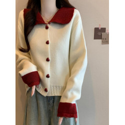 大碼小香風娃娃領聖誕紅色毛衣秋冬新款減齡針織衫胖MM短款上衣女