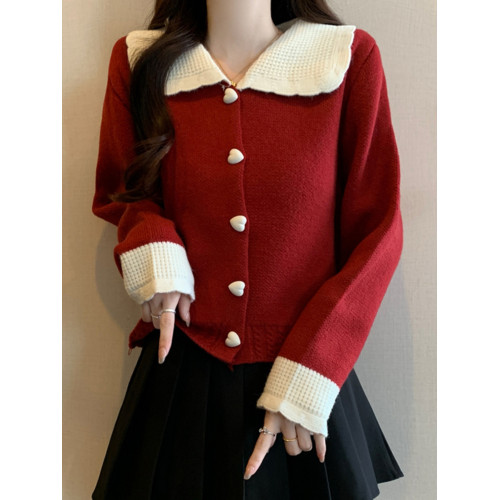 大碼小香風娃娃領聖誕紅色毛衣秋冬新款減齡針織衫胖MM短款上衣女