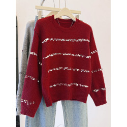 南油高級輕奢女裝聖誕紅色重工亮片針織衫秋冬慵懶風寬松毛衣