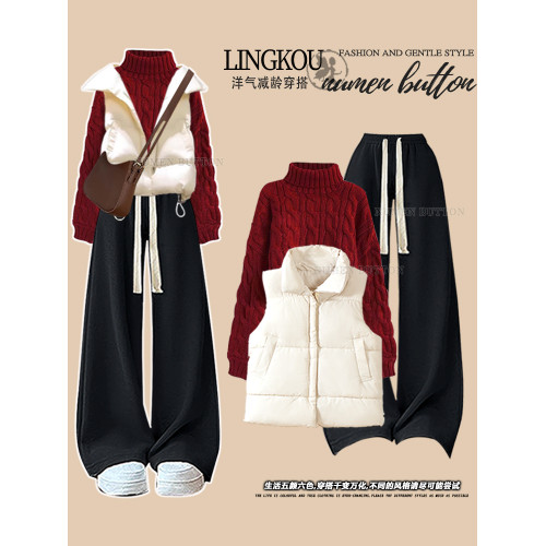 大碼春秋小香風套裝女休閒馬甲外套聖誕紅色針織毛衣休閒褲三件套 大碼春秋小香風套裝女休閒馬甲外套聖誕紅色針織毛衣休閒褲三件套