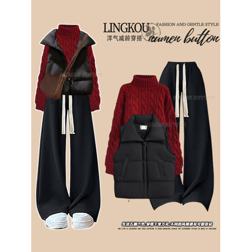大碼春秋小香風套裝女休閒馬甲外套聖誕紅色針織毛衣休閒褲三件套 大碼春秋小香風套裝女休閒馬甲外套聖誕紅色針織毛衣休閒褲三件套