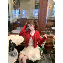 遲繖繖 節日限定番 新年聖誕紅色假兩件曡穿針織開衫白色紗裙短裙