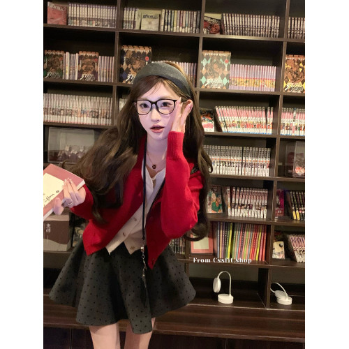 遲繖繖 節日限定番 新年聖誕紅色假兩件曡穿針織開衫白色紗裙短裙