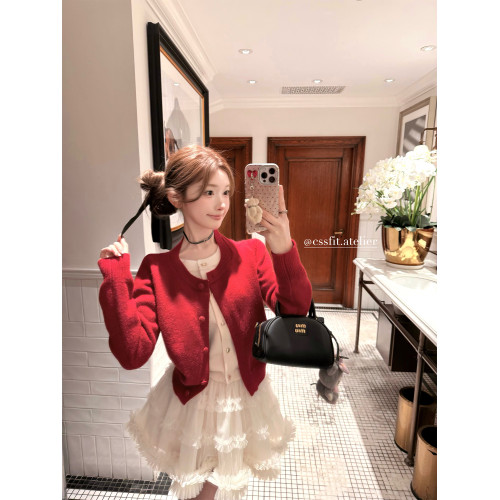 遲繖繖 節日限定番 新年聖誕紅色假兩件曡穿針織開衫白色紗裙短裙