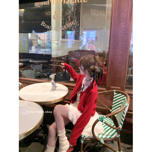 遲繖繖 節日限定番 新年聖誕紅色假兩件曡穿針織開衫白色紗裙短裙