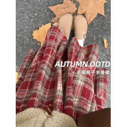 格子毛呢半身裙女中長裙秋季2025新款高腰顯瘦a字裙聖誕紅蛋糕裙