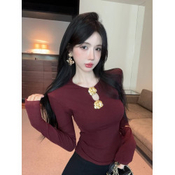 純欲性感墊肩上衣女秋冬高級感聖誕紅色上衣加絨打底衫內搭可外穿