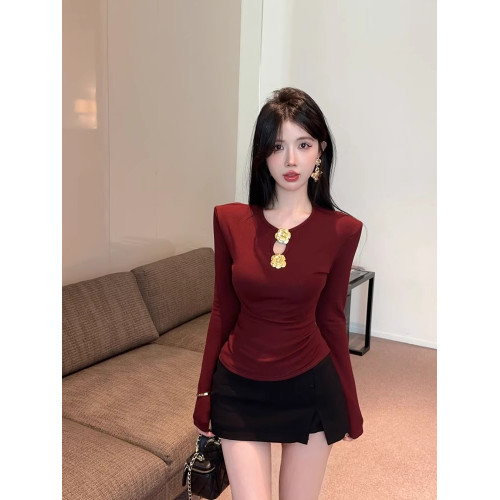 純欲性感墊肩上衣女秋冬高級感聖誕紅色上衣加絨打底衫內搭可外穿 純欲性感墊肩上衣女秋冬高級感聖誕紅色上衣加絨打底衫內搭可外穿