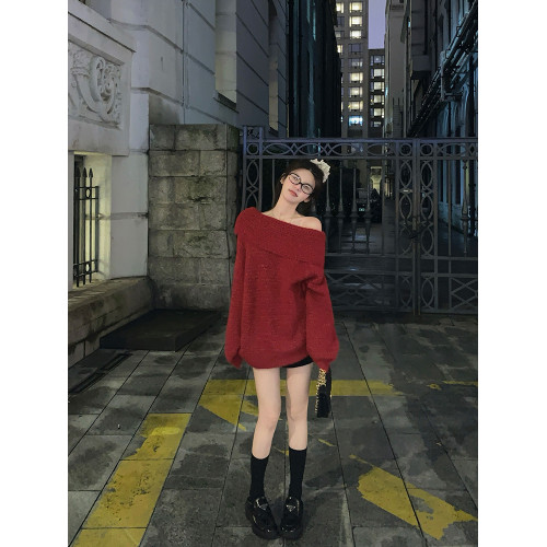 陳大鈺一字肩聖誕紅色中長款針織毛衣女秋冬寬松慵懶穿搭露肩上衣 陳大鈺一字肩聖誕紅色中長款針織毛衣女秋冬寬松慵懶穿搭露肩上衣
