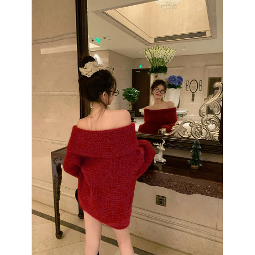 陳大鈺一字肩聖誕紅色中長款針織毛衣女秋冬寬松慵懶穿搭露肩上衣 陳大鈺一字肩聖誕紅色中長款針織毛衣女秋冬寬松慵懶穿搭露肩上衣