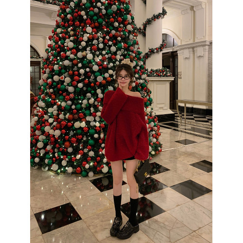 陳大鈺一字肩聖誕紅色中長款針織毛衣女秋冬寬松慵懶穿搭露肩上衣 陳大鈺一字肩聖誕紅色中長款針織毛衣女秋冬寬松慵懶穿搭露肩上衣