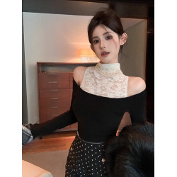 純欲辣妹一字肩露肩上衣女秋冬聖誕紅色半高領打底衫蕾絲曡穿內搭