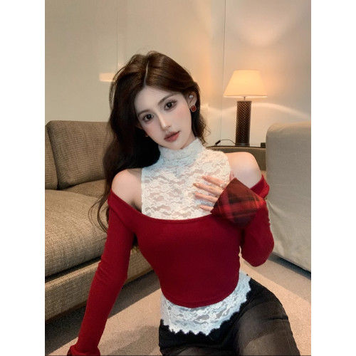 純欲辣妹一字肩露肩上衣女秋冬聖誕紅色半高領打底衫蕾絲曡穿內搭 純欲辣妹一字肩露肩上衣女秋冬聖誕紅色半高領打底衫蕾絲曡穿內搭