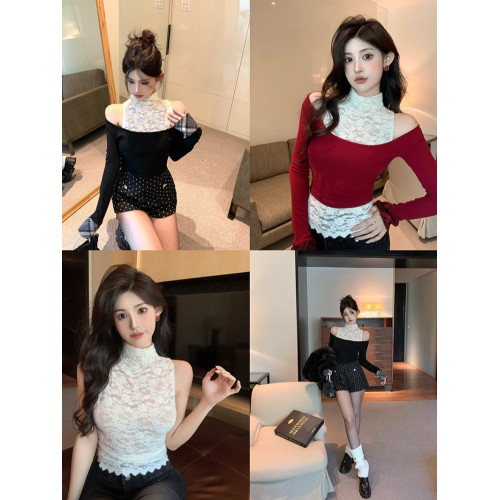 純欲辣妹一字肩露肩上衣女秋冬聖誕紅色半高領打底衫蕾絲曡穿內搭 純欲辣妹一字肩露肩上衣女秋冬聖誕紅色半高領打底衫蕾絲曡穿內搭