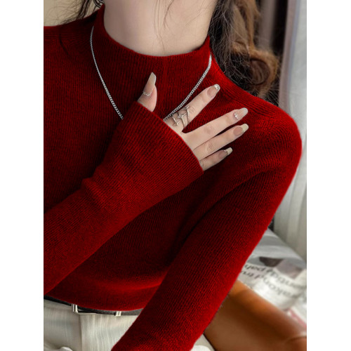新年紅半高領軟糯羊毛打底衫女內搭針織衫聖誕紅復古中領紅色毛衣