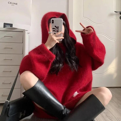 【非常厚】75-300斤加大碼2023秋冬季新款連帽外套聖誕紅色毛衣女