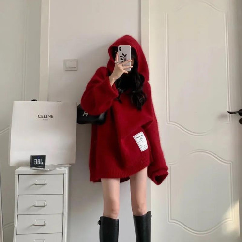 【非常厚】75-300斤加大碼2023秋冬季新款連帽外套聖誕紅色毛衣女