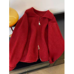 聖誕紅色翻領雙拉鍊毛衣外套女秋季大碼胖mm顯瘦正肩針織開衫上衣