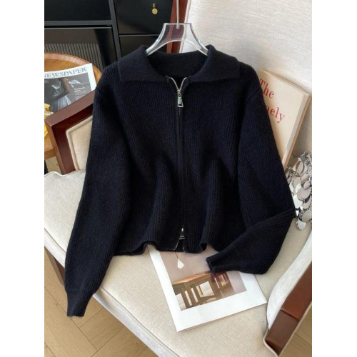 聖誕紅色翻領雙拉鍊毛衣外套女秋季大碼胖mm顯瘦正肩針織開衫上衣