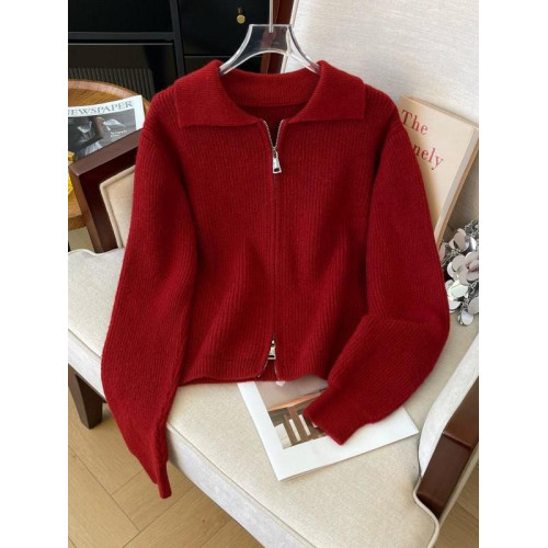 聖誕紅色翻領雙拉鍊毛衣外套女秋季大碼胖mm顯瘦正肩針織開衫上衣