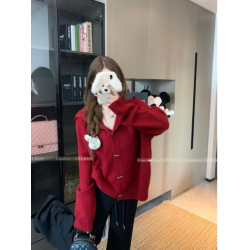 連帽牛角釦聖誕紅色毛衣外套女夏季2025新款寬松顯瘦復古針織上衣