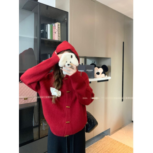 連帽牛角釦聖誕紅色毛衣外套女夏季2025新款寬松顯瘦復古針織上衣