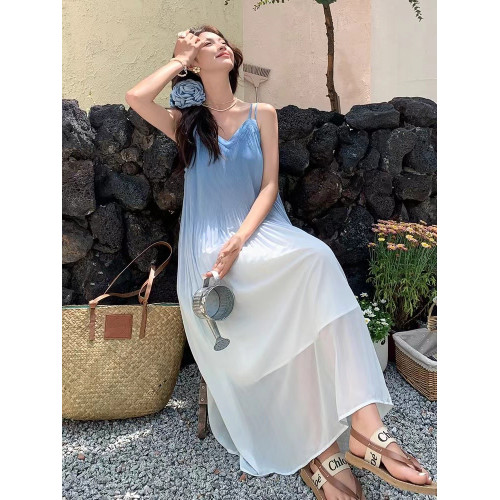 法式親子裝漸變母女2025新款夏天海邊度假一家三口母子T恤吊帶裙