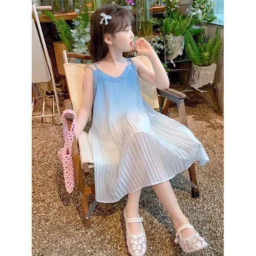 法式親子裝漸變母女2025新款夏天海邊度假一家三口母子T恤吊帶裙