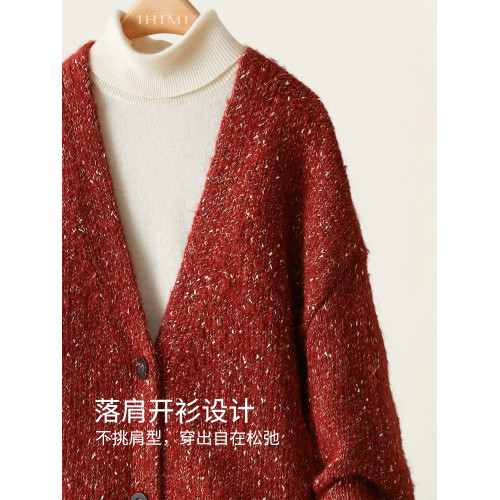 IHIMI海謐洋氣聖誕紅撞色針織開衫女冬季經典慵懶毛衣v領短款外套