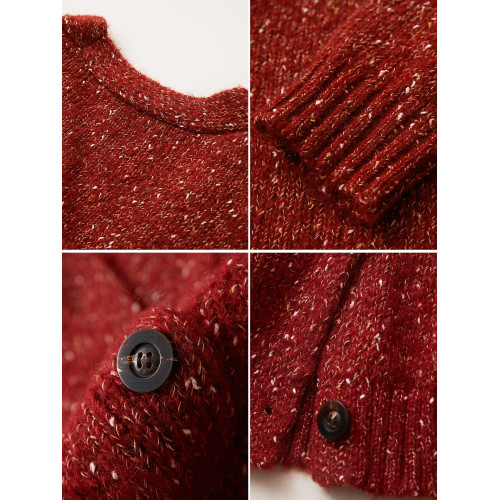 IHIMI海謐洋氣聖誕紅撞色針織開衫女冬季經典慵懶毛衣v領短款外套