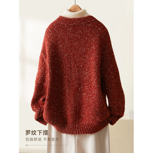 IHIMI海謐洋氣聖誕紅撞色針織開衫女冬季經典慵懶毛衣v領短款外套