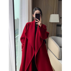 紅色雙面呢羊絨大衣女中長款2025冬季新款高級感翻領羊毛呢子外套