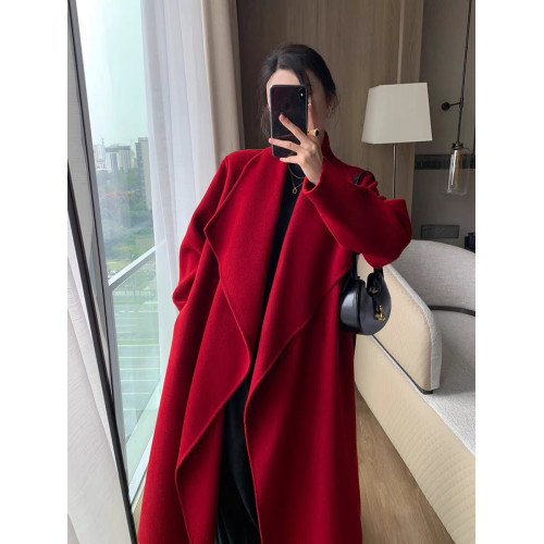 紅色雙面呢羊絨大衣女中長款2025冬季新款高級感翻領羊毛呢子外套