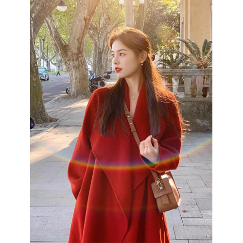 紅色雙面呢羊絨大衣女中長款2025冬季新款高級感翻領羊毛呢子外套