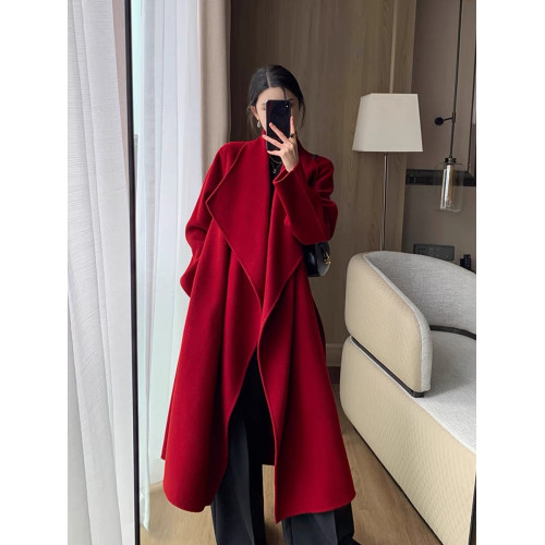 紅色雙面呢羊絨大衣女中長款2025冬季新款高級感翻領羊毛呢子外套