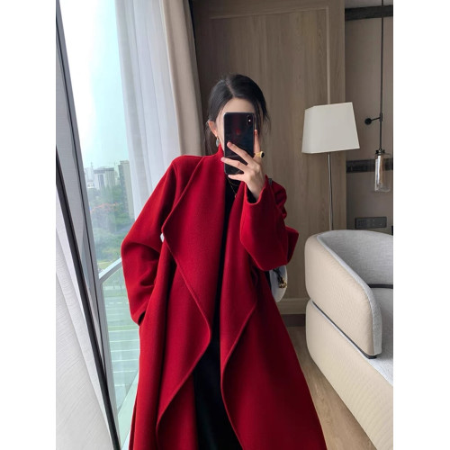 紅色雙面呢羊絨大衣女中長款2025冬季新款高級感翻領羊毛呢子外套