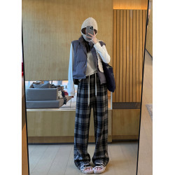 加絨聖誕紅格子褲秋冬慵懶抽繩垂感拖地直筒褲子復古毛呢濶腿褲女