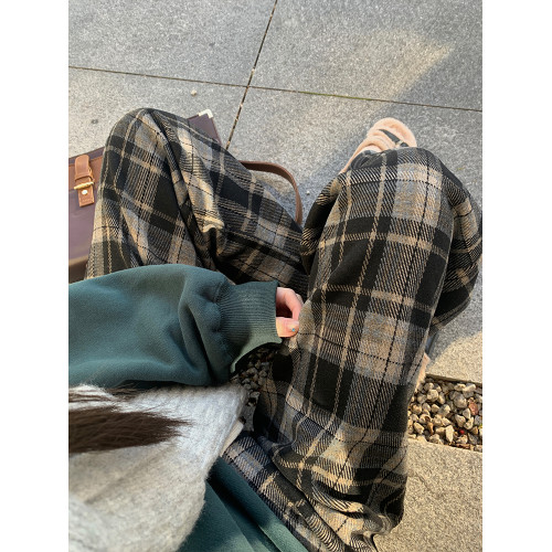 加絨聖誕紅格子褲秋冬慵懶抽繩垂感拖地直筒褲子復古毛呢濶腿褲女 加絨聖誕紅格子褲秋冬慵懶抽繩垂感拖地直筒褲子復古毛呢濶腿褲女