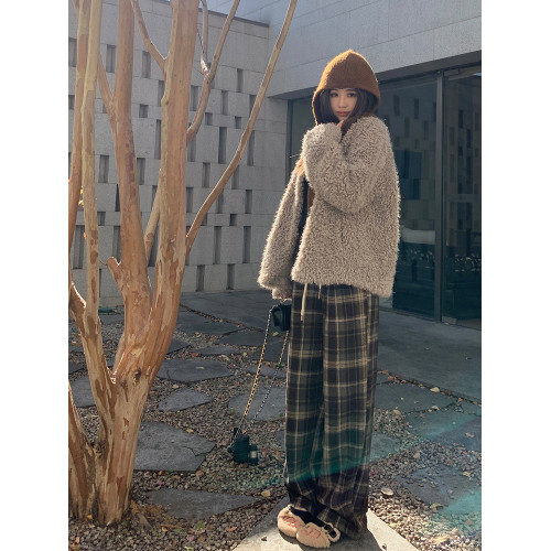 加絨聖誕紅格子褲秋冬慵懶抽繩垂感拖地直筒褲子復古毛呢濶腿褲女 加絨聖誕紅格子褲秋冬慵懶抽繩垂感拖地直筒褲子復古毛呢濶腿褲女