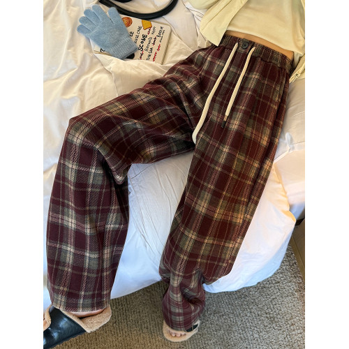 加絨聖誕紅格子褲秋冬慵懶抽繩垂感拖地直筒褲子復古毛呢濶腿褲女 加絨聖誕紅格子褲秋冬慵懶抽繩垂感拖地直筒褲子復古毛呢濶腿褲女