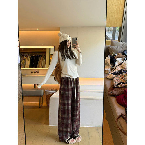 加絨聖誕紅格子褲秋冬慵懶抽繩垂感拖地直筒褲子復古毛呢濶腿褲女 加絨聖誕紅格子褲秋冬慵懶抽繩垂感拖地直筒褲子復古毛呢濶腿褲女