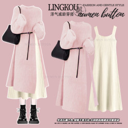 大碼春秋小香風套裝女聖誕紅色長款開叉針織毛衣氣質連衣裙兩件套