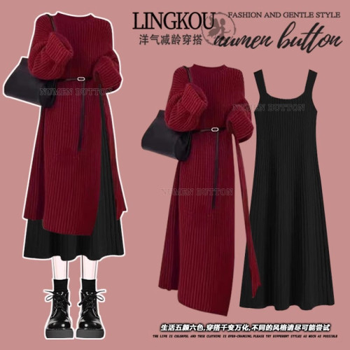 大碼春秋小香風套裝女聖誕紅色長款開叉針織毛衣氣質連衣裙兩件套 大碼春秋小香風套裝女聖誕紅色長款開叉針織毛衣氣質連衣裙兩件套